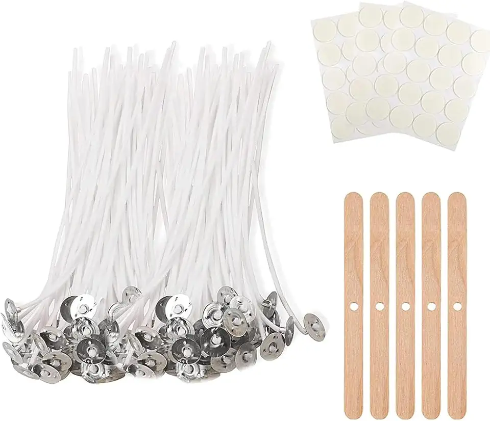 Kit para Fabricação de Velas, 100 Pavios de Algodão com Sustentadores, Adesivos e Palitos de Madeira