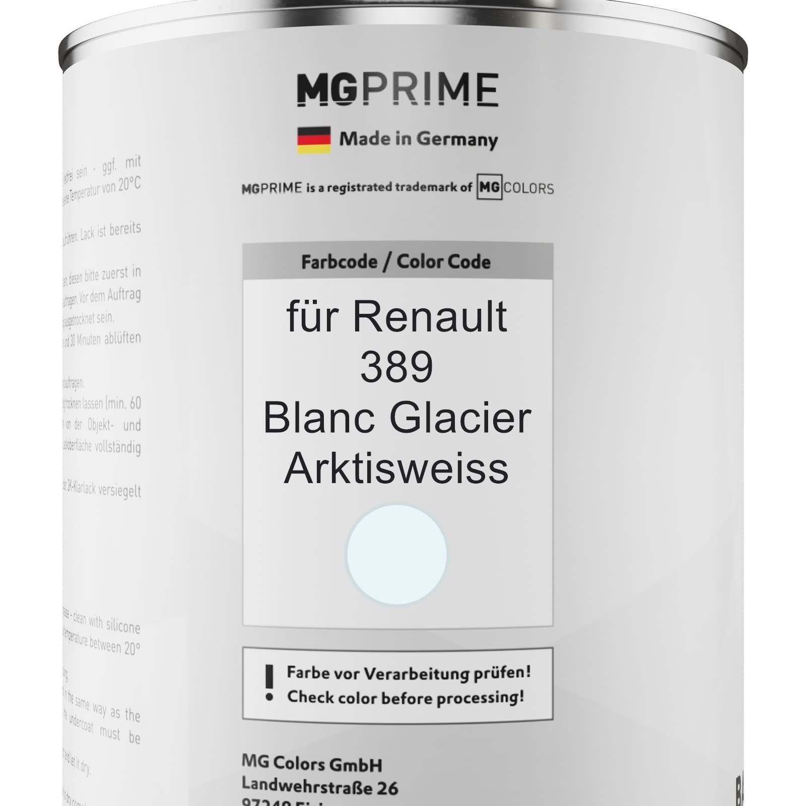 MG PRIME Peinture voiture kit de pot pour Renault 389 Blanc Glacier/Arktisweiss couche de base vernis 2C durcisseur prêt à pulvériser 2,5l