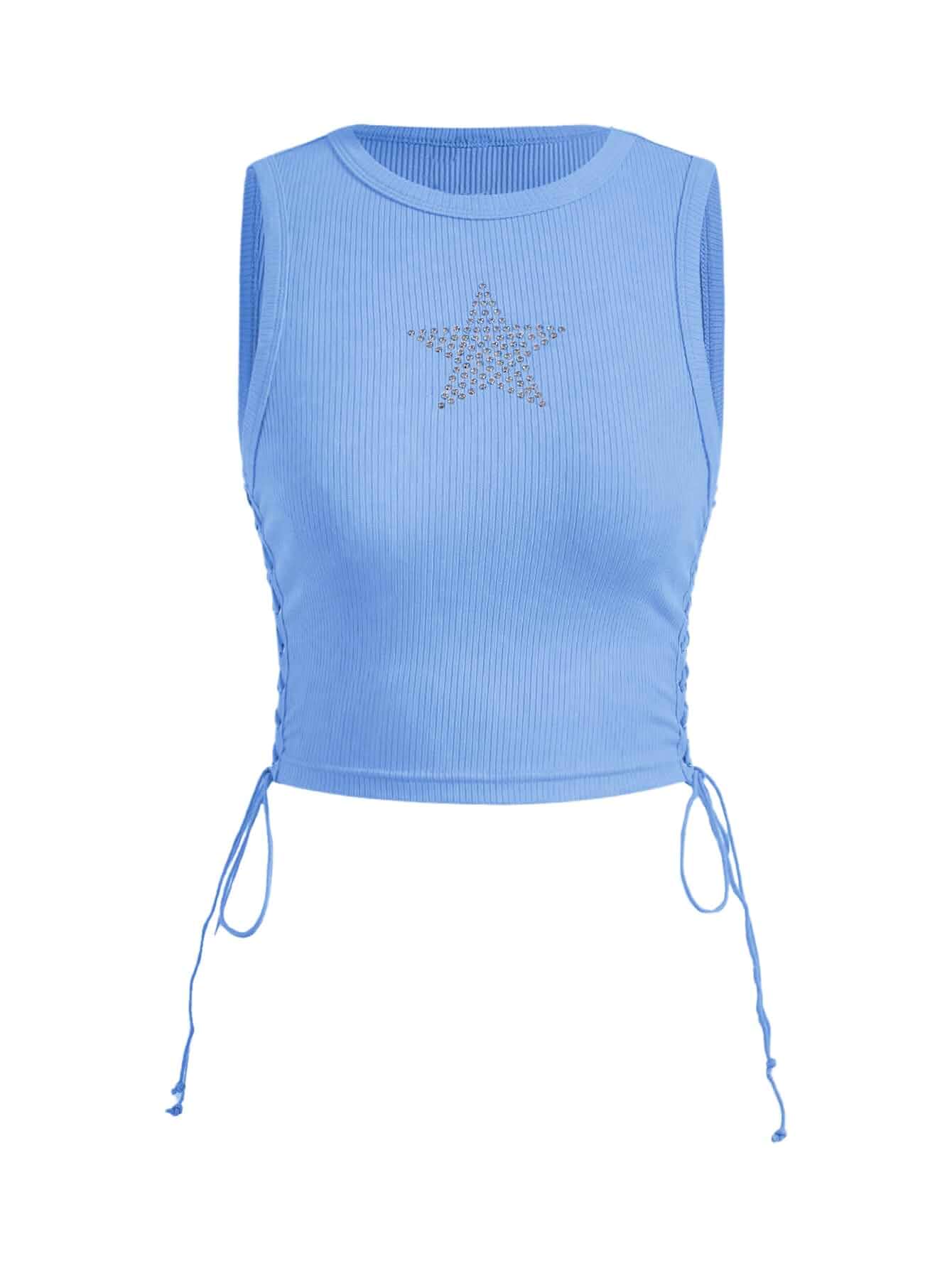SOLY HUX Women's Tank Tops Y2K Summer Going Out Crop Top Concert Outfits Sleeveless Lace Up Star Shirt, Sparkly Rave Top, Festival Outfits, Grunge Clothes