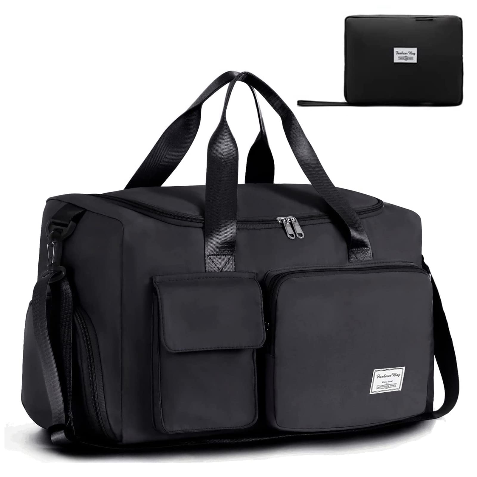 Foldable Gym Travel Duffel Bag, Dry Wet Separated Sport Duffle Bags Yoga Bag, Carry On Bag with Shoe Compartment Travel Weekender Bag (Black)