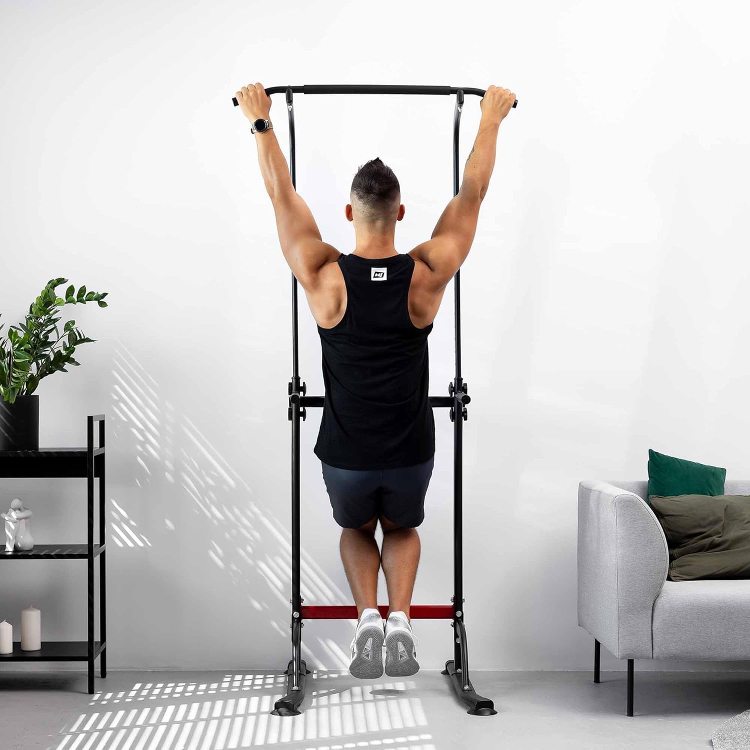 Hop-Sport Power Tower Klimmzugstange & Dip-Station, Höhenverstellbar, Freistehend, Fitnessgeräte für Zuhause, Home Gym, Calisthenics Equipment, Rückentrainer, Max. Belastbarkeit 150 kg