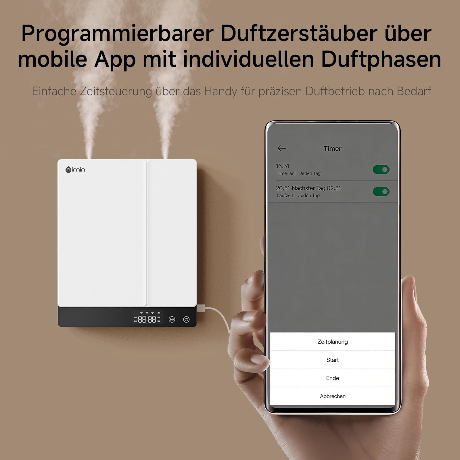 Smart WLAN Aroma Diffuser mit App – ätherische Öle Diffusor, Aromatherapie-Duftöldiffusor, Ultraschallvernebler, Air Diffuser, 2x230ml Doppelkammer-Doppeldüse, Wand/Tisch, Zuhause/Büro/Hotel