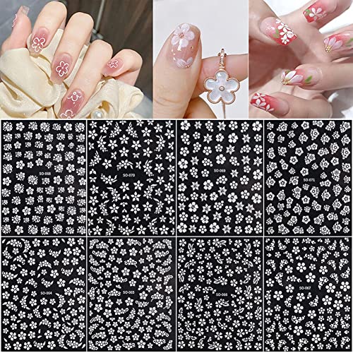 8 Sheets Flowers Nail Stickers - White Flower Nail Decals 3D Self Adhesive Nail Art Supplies White Floral Cherry Blossoms Floret Five Petaled Nail Art Designs For Diy Nail Decoration Accessories Craft #TOP5