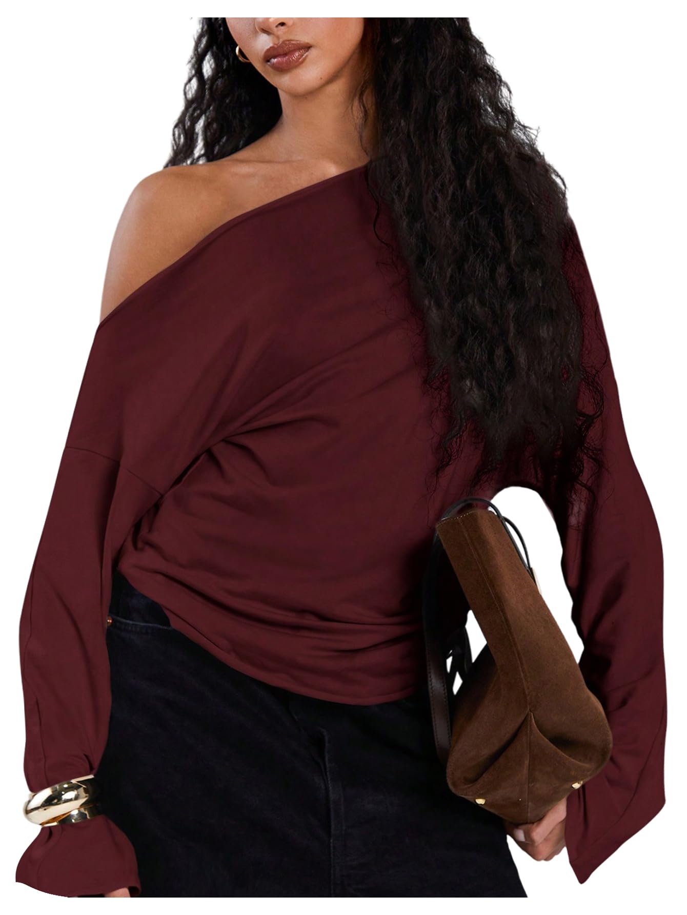 Women's Off The Shoulder Sweatshirt Asymmetrical Tops Y2k Long Sleeve T Shirt Going Out Tops