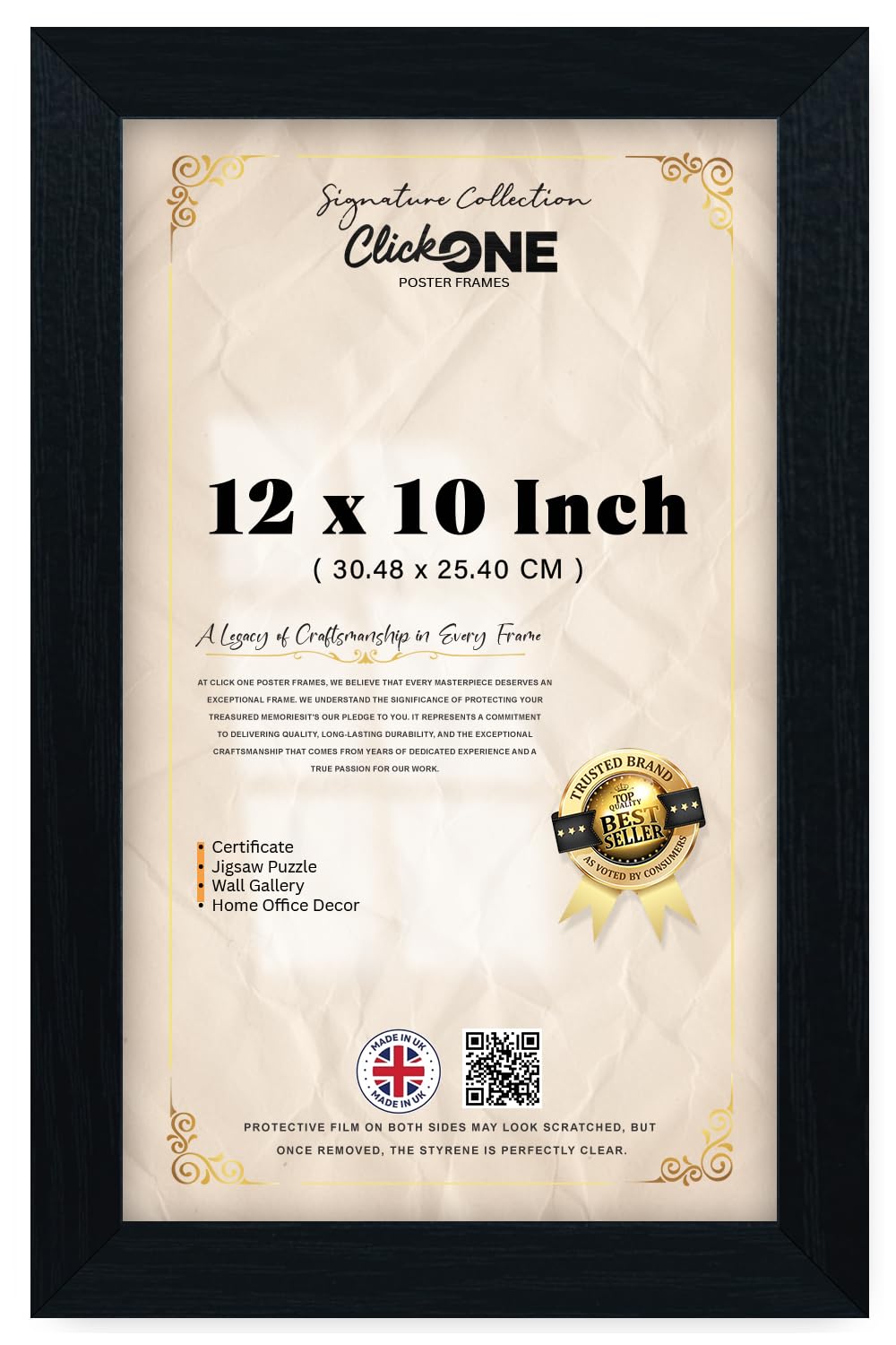 Click One Rectangle Poster Frame 12 X 10 Inch Wooden Photo Frame Solid Engineered Wood Grain 30.48 X 25.40 Cm With Perspex For Artwork Wall Display Home Office Studio Gallery Black