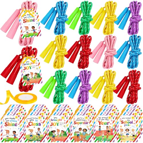 FUNID 24 Pack End of School Year Student Gifts from Teacher - 7.2ft Adjustable Rainbow Jump Rope Bulk with Cards&Ribbon Graduation Skipping Ropes for KidsClassroom Prizes & Outdoor Party Favors