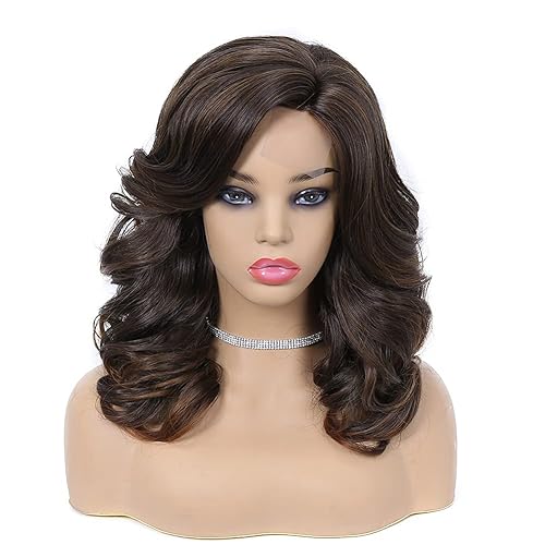 Miniatura 8 de Lady Miranda Peluca de encaje de onda suelta mixta marrón naturaleza rizado sintético resistente al calor tejido completo pelucas para mujeres