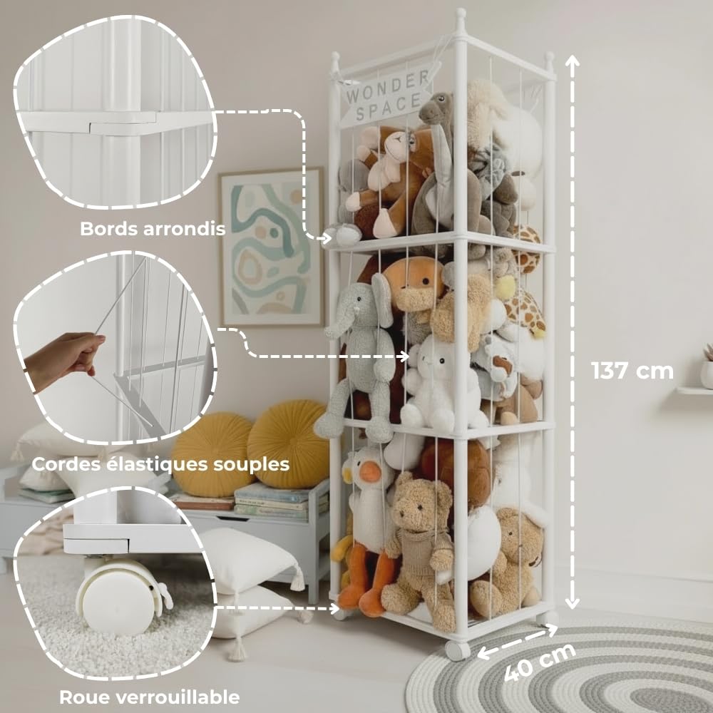 Wonder Space Étagère en Bois pour Peluches avec Roues, Grand Rangement Jouets pour Chambre d'enfant, Peinture à Base d'eau, Support Sûr & Écolo pour Bébés et Tout-Petits (Blanc)