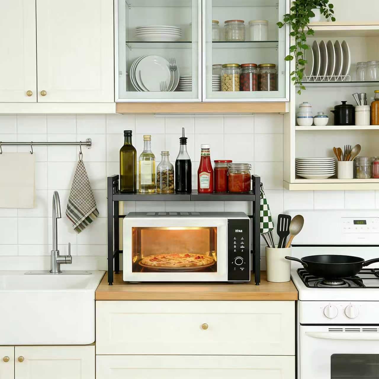 WFJINHAN Expandable Microwave Stand, Metal Kitchen Countertop Organizer Shelves with 6 Hooks,Bakers Rack,Microwave Shelf,Microwave Oven Rack, 55lbs Weight Capacity