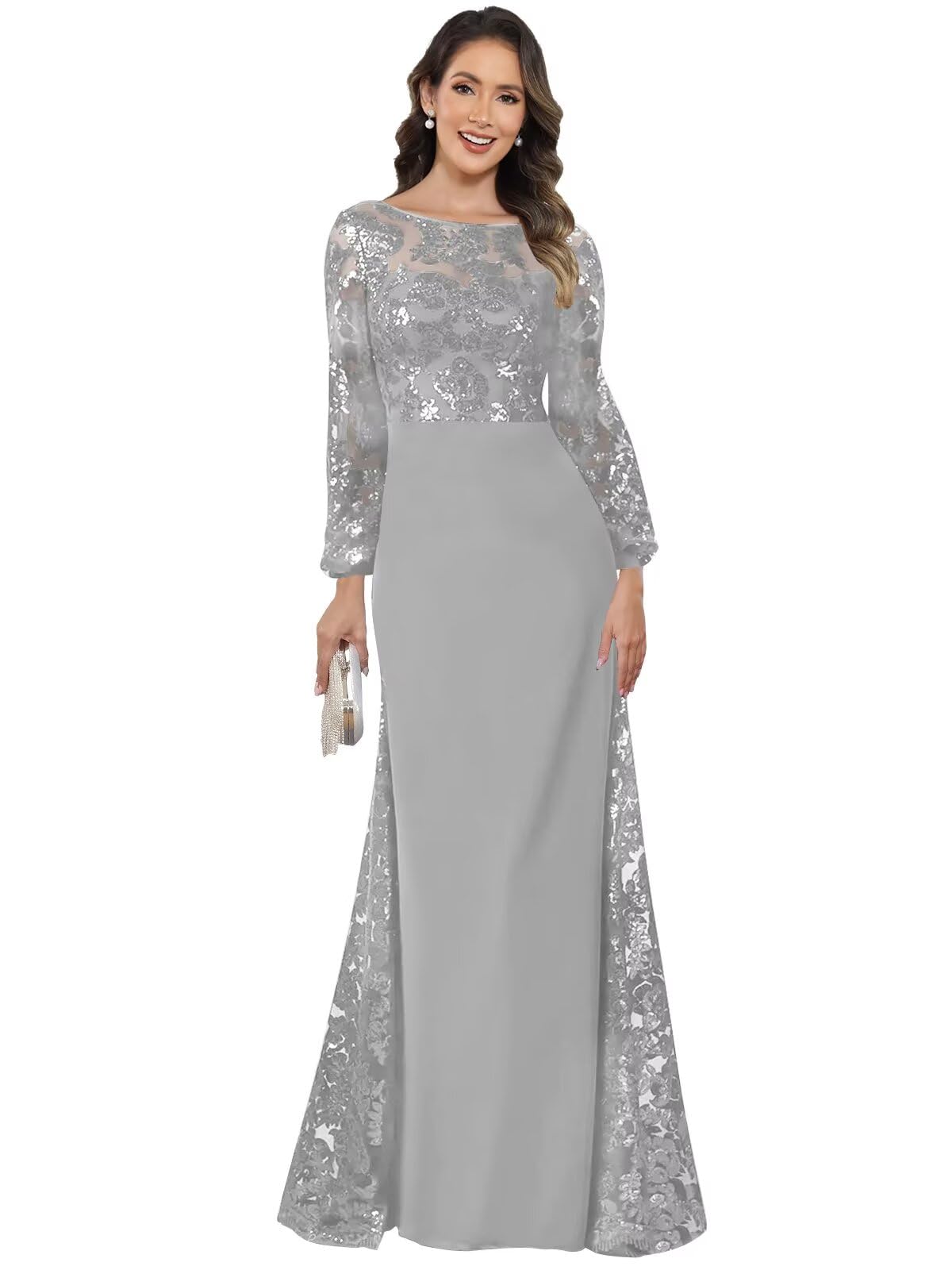 Long Sleeve Mother of The Bride Dresses for Women Sequin V Back Lace Mermaid Formal Dress