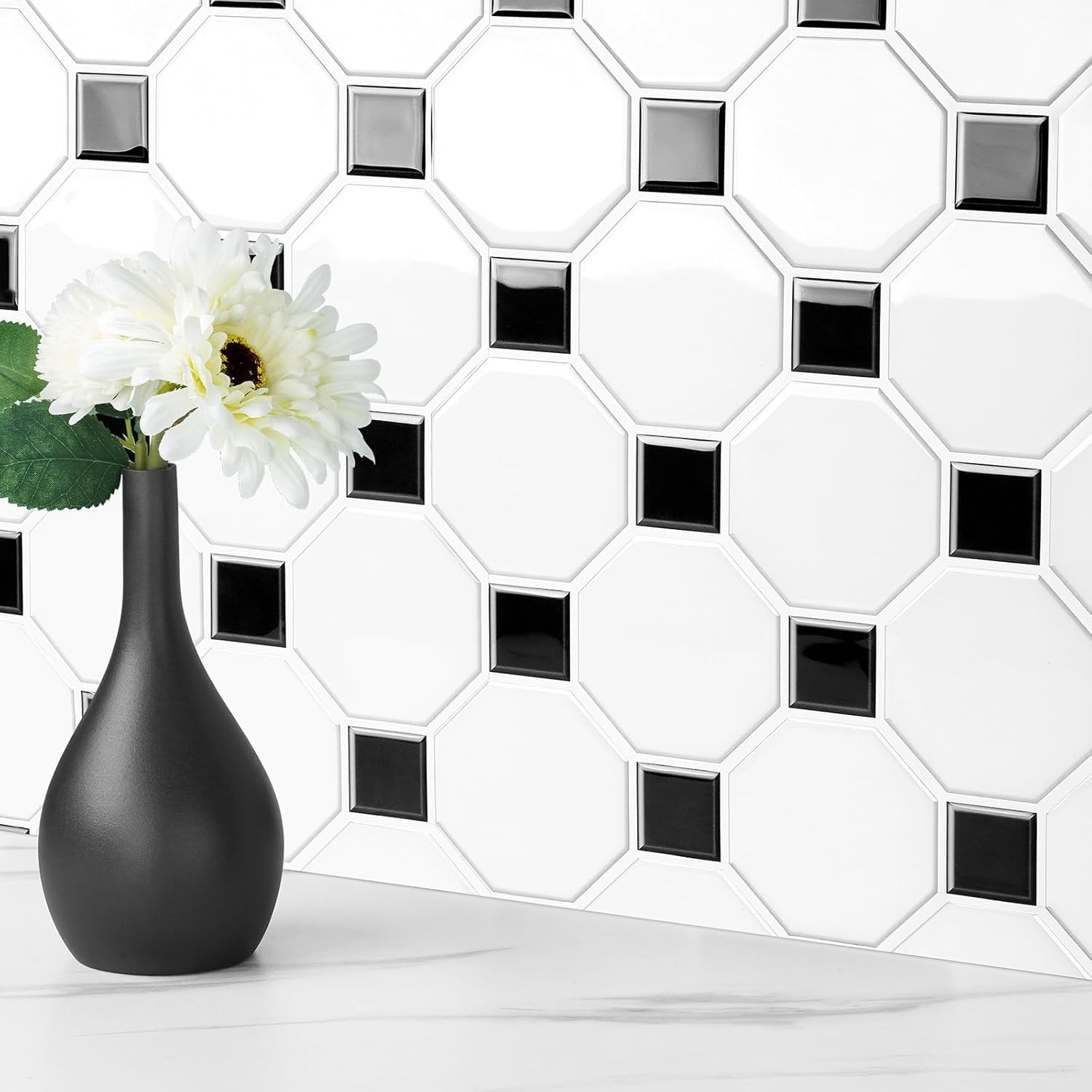 FunStick 30CMx30CM 30 Piastrelle PVC Adesive Bianco Nero Carta Adesiva per Mattonelle Bagno Quadrato Esagonale Adesivi Murali 3D Adesivi per Piastrelle Cucina Rivestimento Parete Bagno Adesivo Bianco
