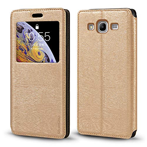 Shantime Viewable Window Leather Flip Case Compatible with Samsung Galaxy Mega 5.8 I9150, Elegant Design Clear Display Invisible Magnetic Cover and Card Slot(Gold)