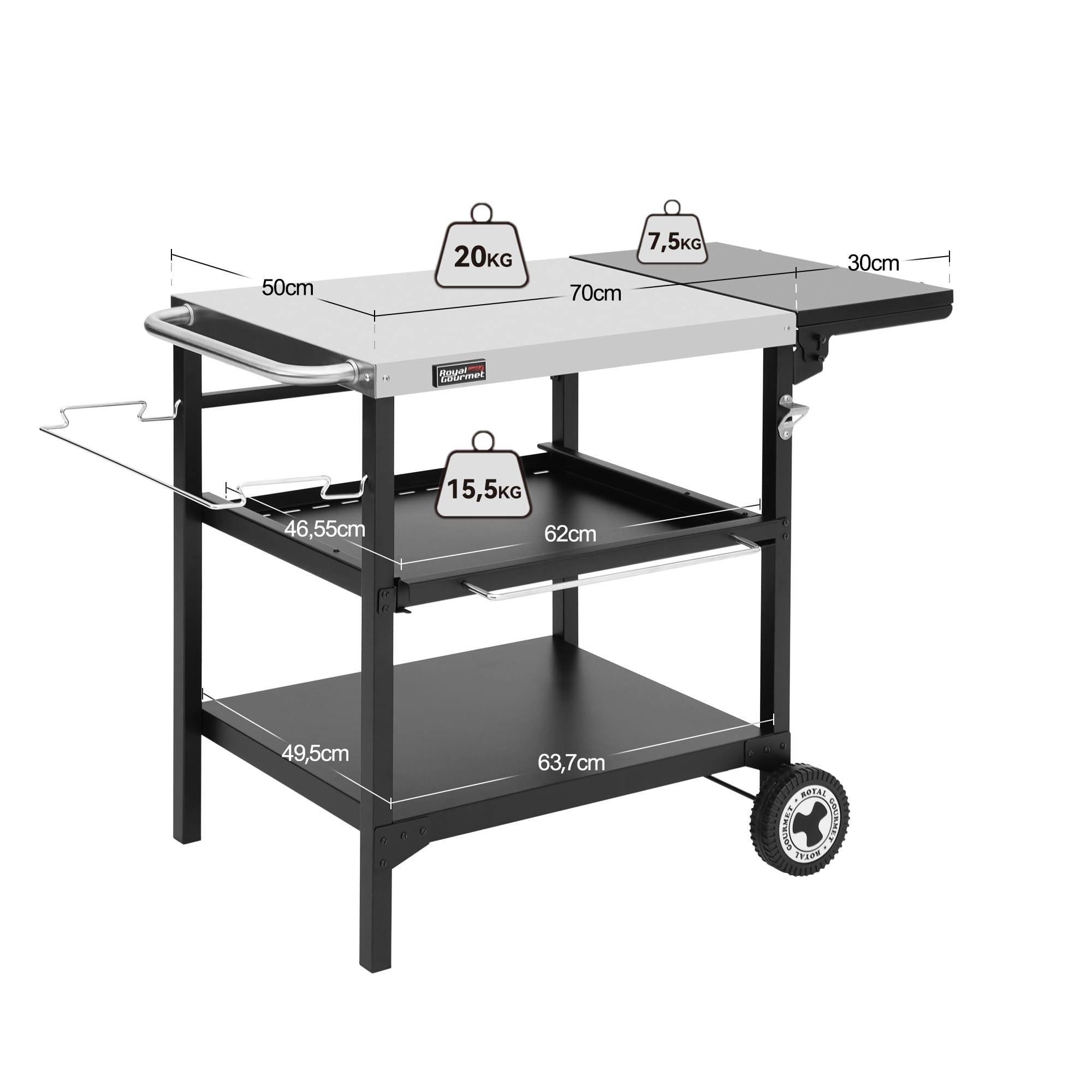 Royal Gourmet Postre Exterior para Plancha, 3 estantes Carro para Barbacoa con Mesa de Acero Inoxidable 70 x 50 cm y Mesa Auxiliar Plegable de 30 x 50 cm, Apto para Cocina y jardín