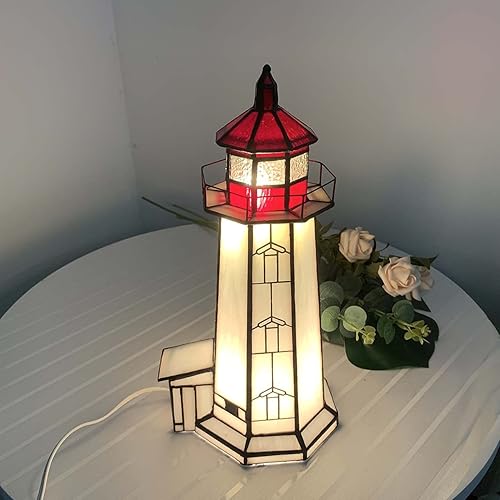 Miniatura 6 de Bieye L10770 Peggy's Cove Lighthouse Tiffany Style - Lámpara de mesa decorativa con vitrales, luz nocturna para decoración del hogar (6x6x12, rojo)