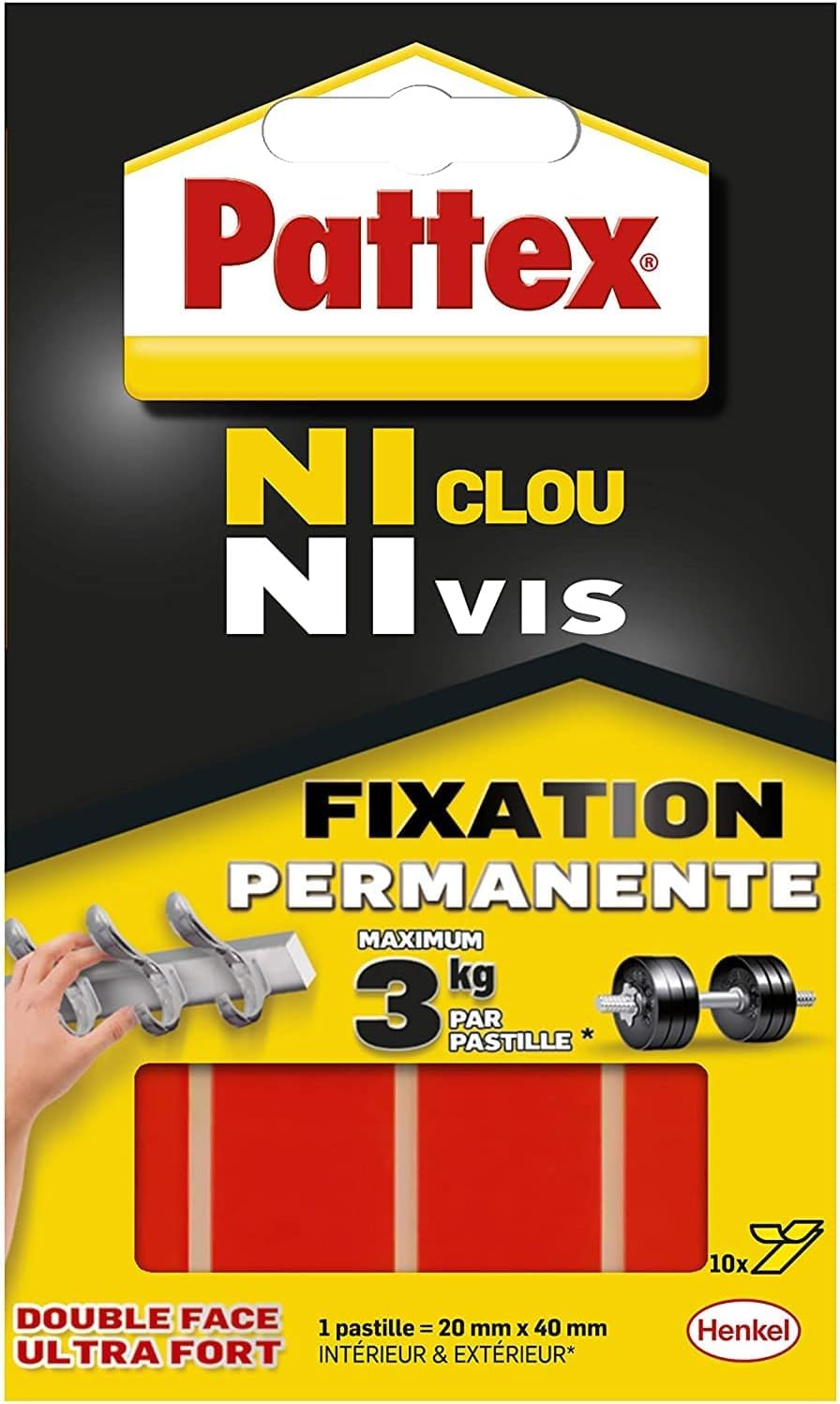 Pattex Pastilles Fixation Permanente Ni Clou Ni Vis 10 x 20 mm x 40 mm Double Faces Ultra Fortes Autocollantes Résistantes 3 kg