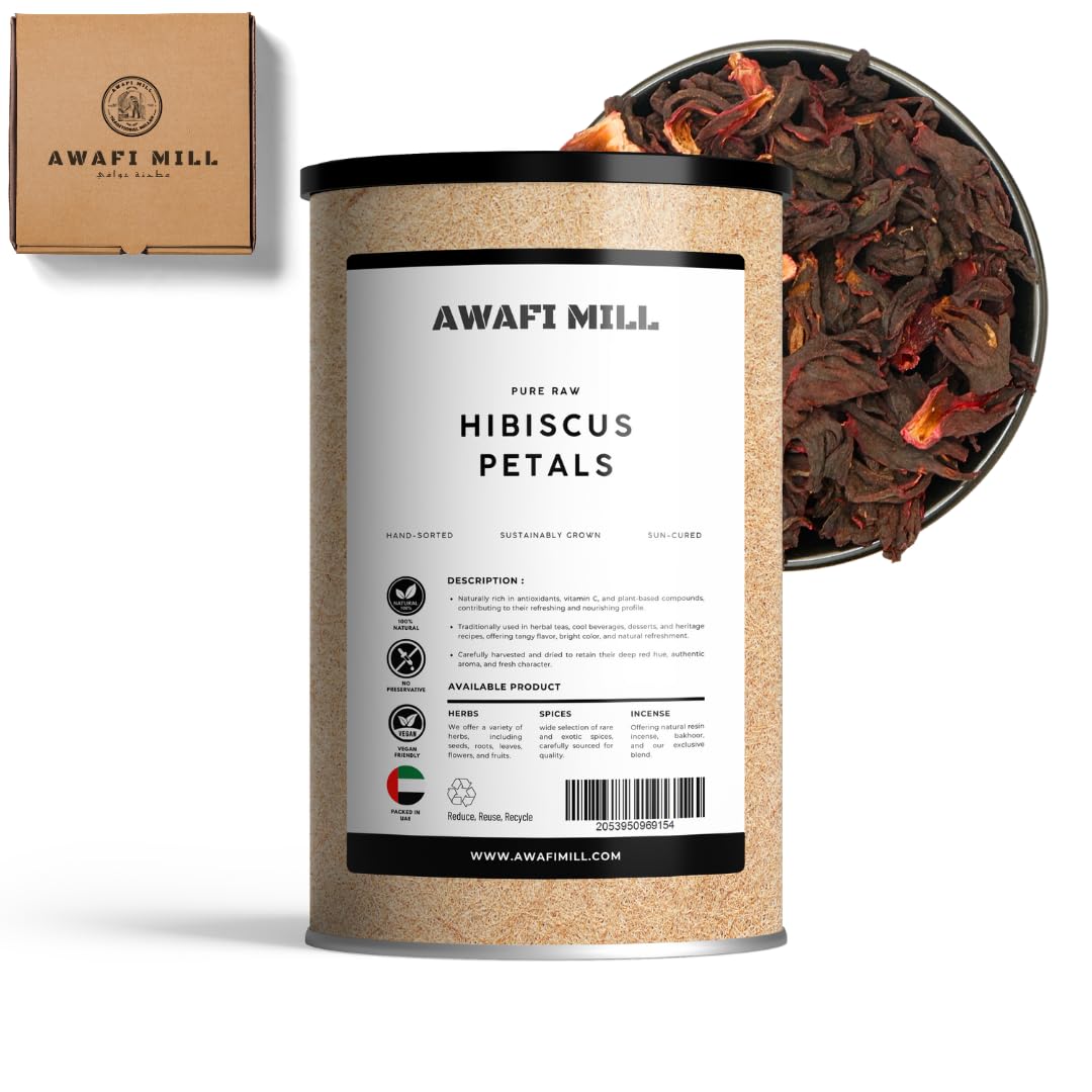 AWAFI MILL Hibiscus Flower Tea (Hibiscus sabdariffa) – Dried Roselle Petals | Tart–Berry Herbal for Hot Cups, Iced and Dessert Glazes - 100 g | 3.5 Oz
