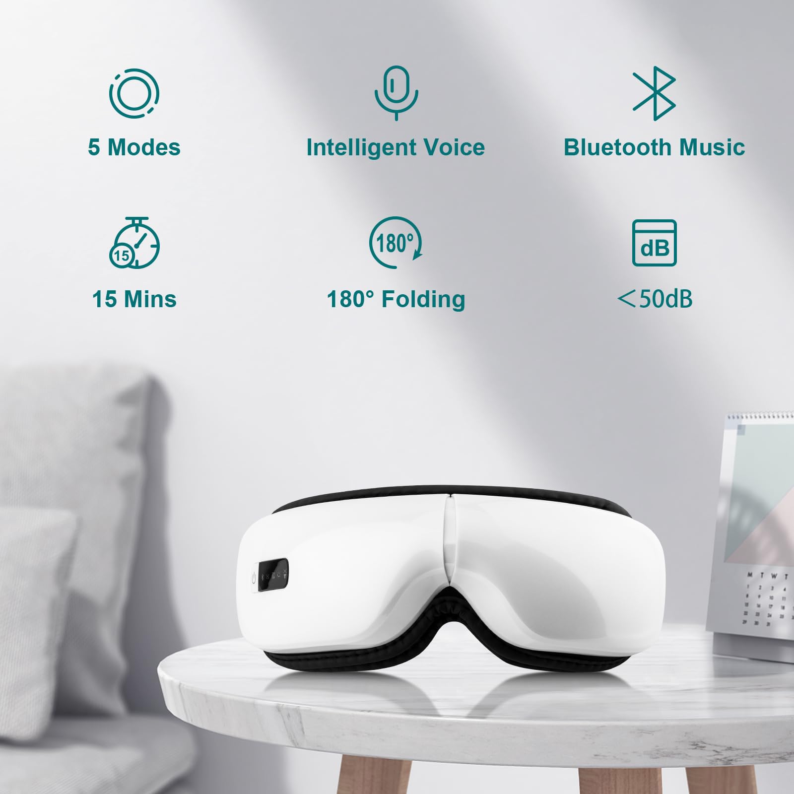 Masajeador de Ojos con Calor, Música Bluetooth, 5 Modos de Masaje y Diseño Plegable de 180°, Alivia el Dolor Ocular, Mejora la Sequedad Ocular y el Sueño