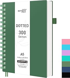 RETTACY Notatnik A5 w kropki, spiralny notatnik Bullet Journal w kropki z 300 stronami, miękka okładka, ringbuch 100 g/m² gruby dla kobiet i mężczyzn, do pracy, biura, szkoły, 14,5 x 21 cm