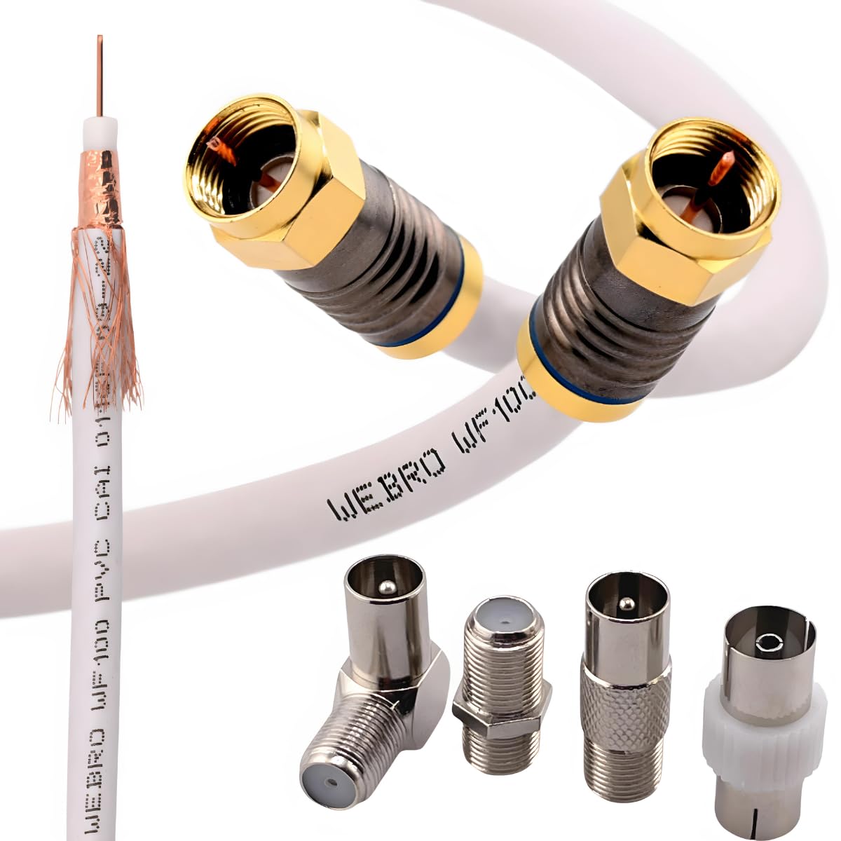 (1mtr) Coaxial TV Aerial Lead + Satellite Cable + Virgin Media Cable - Male to Male + Male to Female - WF100 All Copper Coaxial Cables - Gold Plated Compression Connectors.