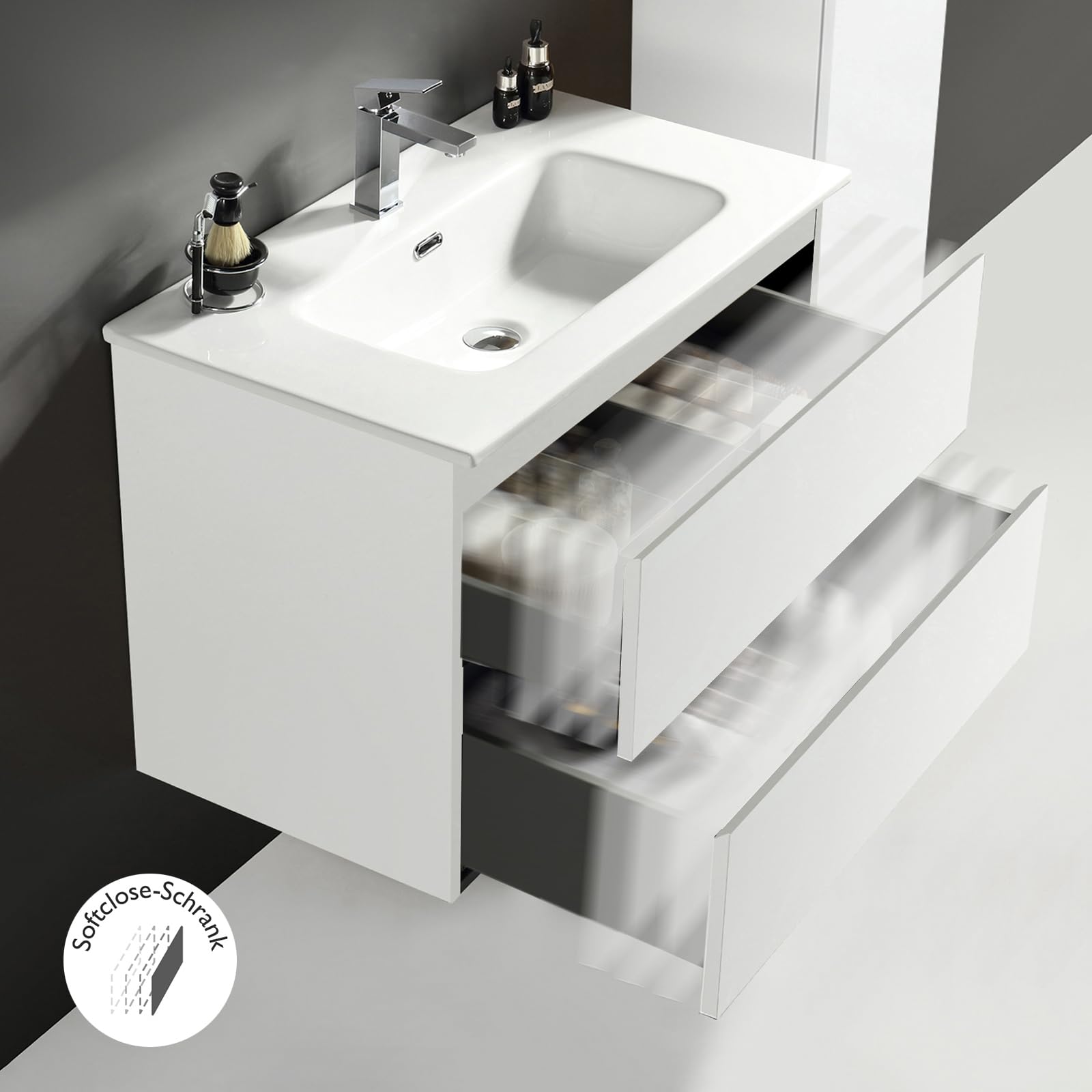 Alpenberger Waschbecken mit Unterschrank 80 cm Breit Weiß Glänzend | Aufsatzwaschbecken Waschbeckenunterschrank | Waschtisch Gäste WC Möbel Set | Waschtischunterschrank Hängend