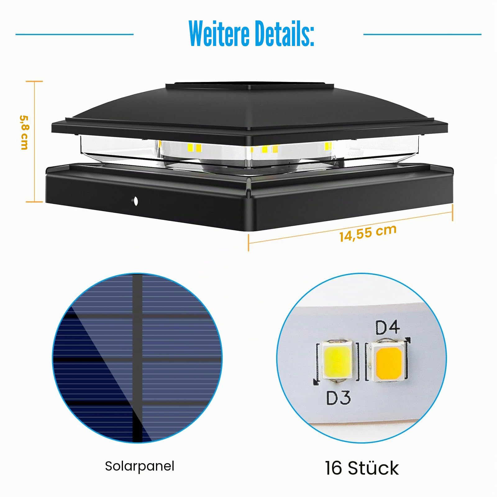 VOLISUN 4 Stück Solar Pfostenkappe für den Außenbereich, wasserdicht, Solarzaun Pfostenleuchten für 8 x 8 9 x 9 10 x 10 cm Holz/Vinyl Pfosten, Solarlampe Außen Säulenlampe für Garten Terrasse Veranda