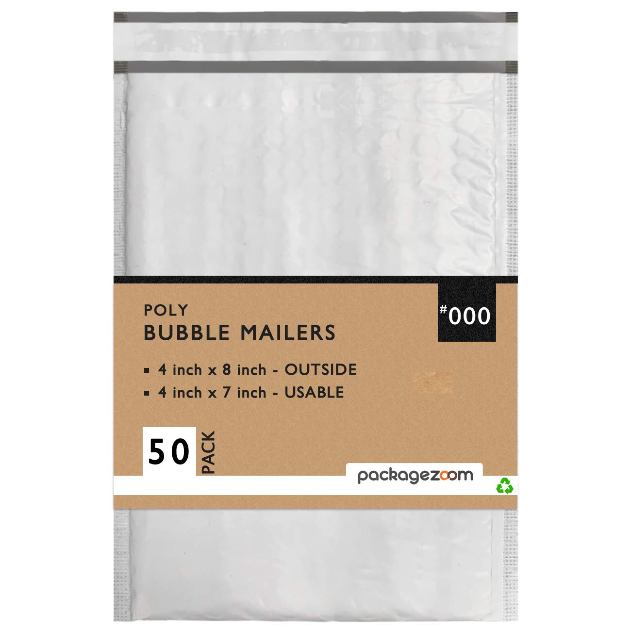 PackageZoom 50 Pcs Poly Bubble Mailers 4x8 Padded Envelopes #000 Shipping Envelopes 2.5 Mil