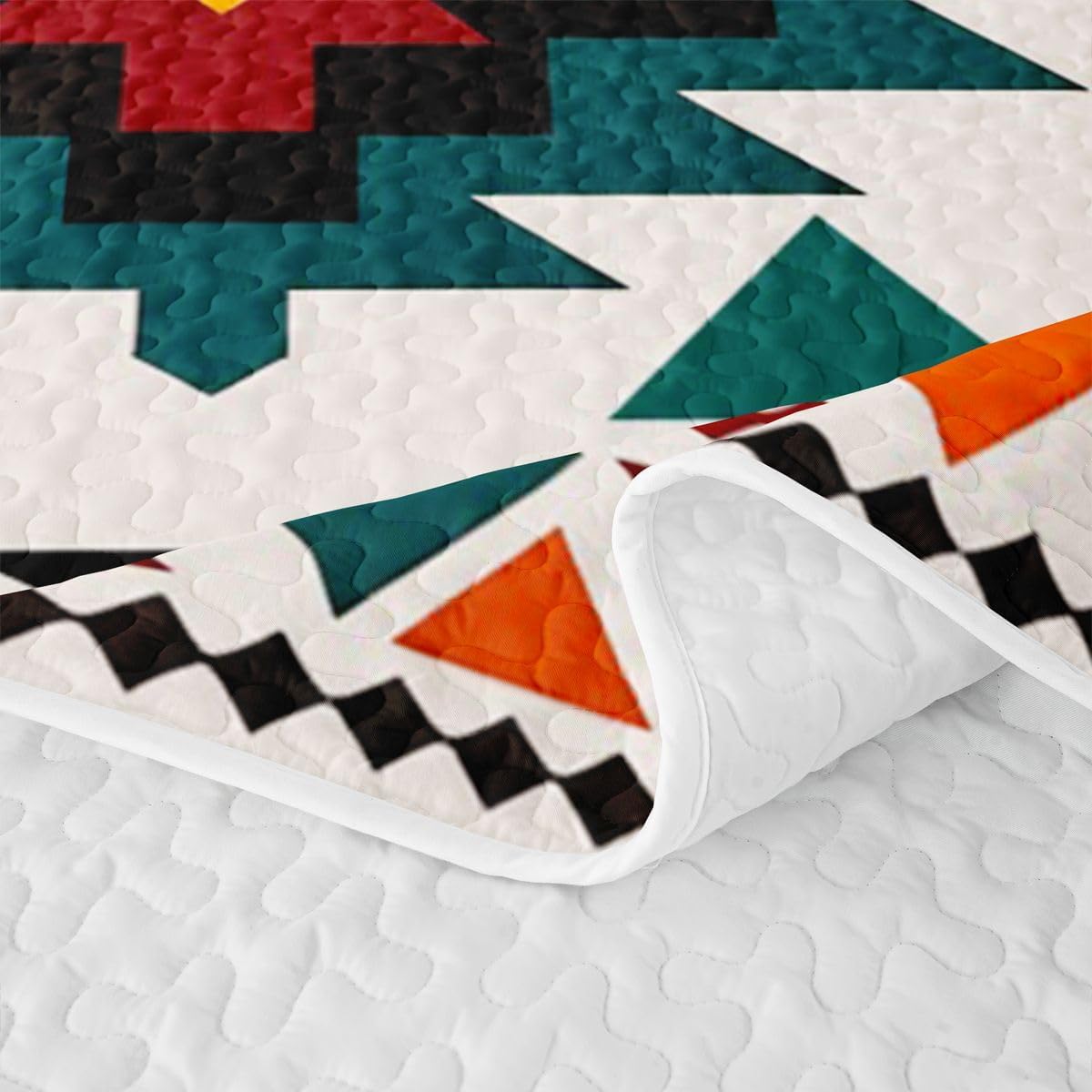 Tribal Native American Indian Kids Quilt Set Full Size,Stripe Geometric Quilted Bedspread,Rustic Farmhouse Country Quilted Coverlet with 2 Pillow Sham,Blue Orange Bed Covers for All Season