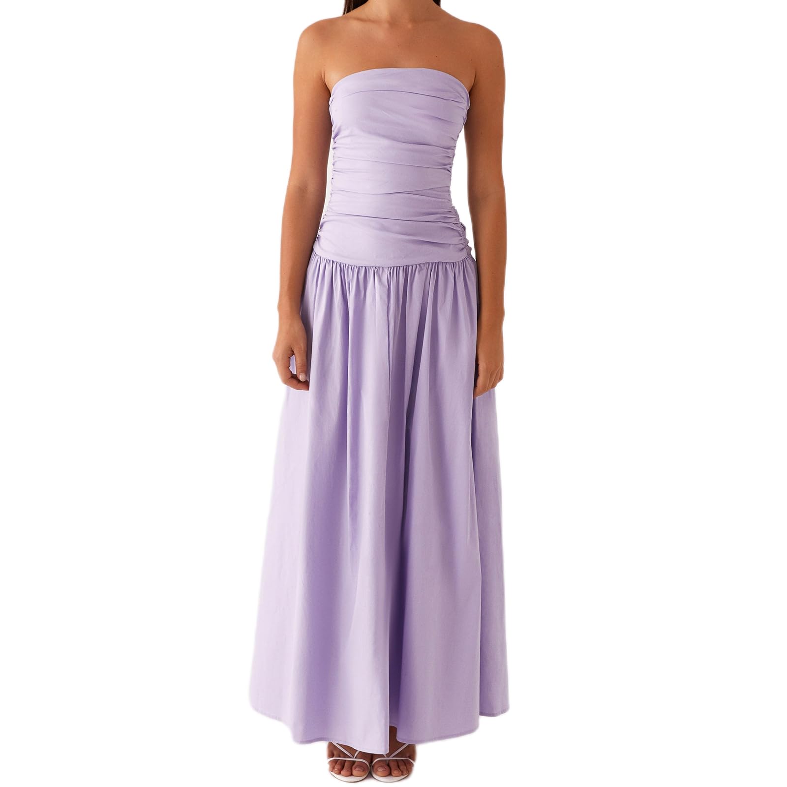 Muineobuka Women Gingham Maxi Dress Summer Strapless Drop Waist Tube Top Off Shoulder Backless Wedding Guest Long Dresses