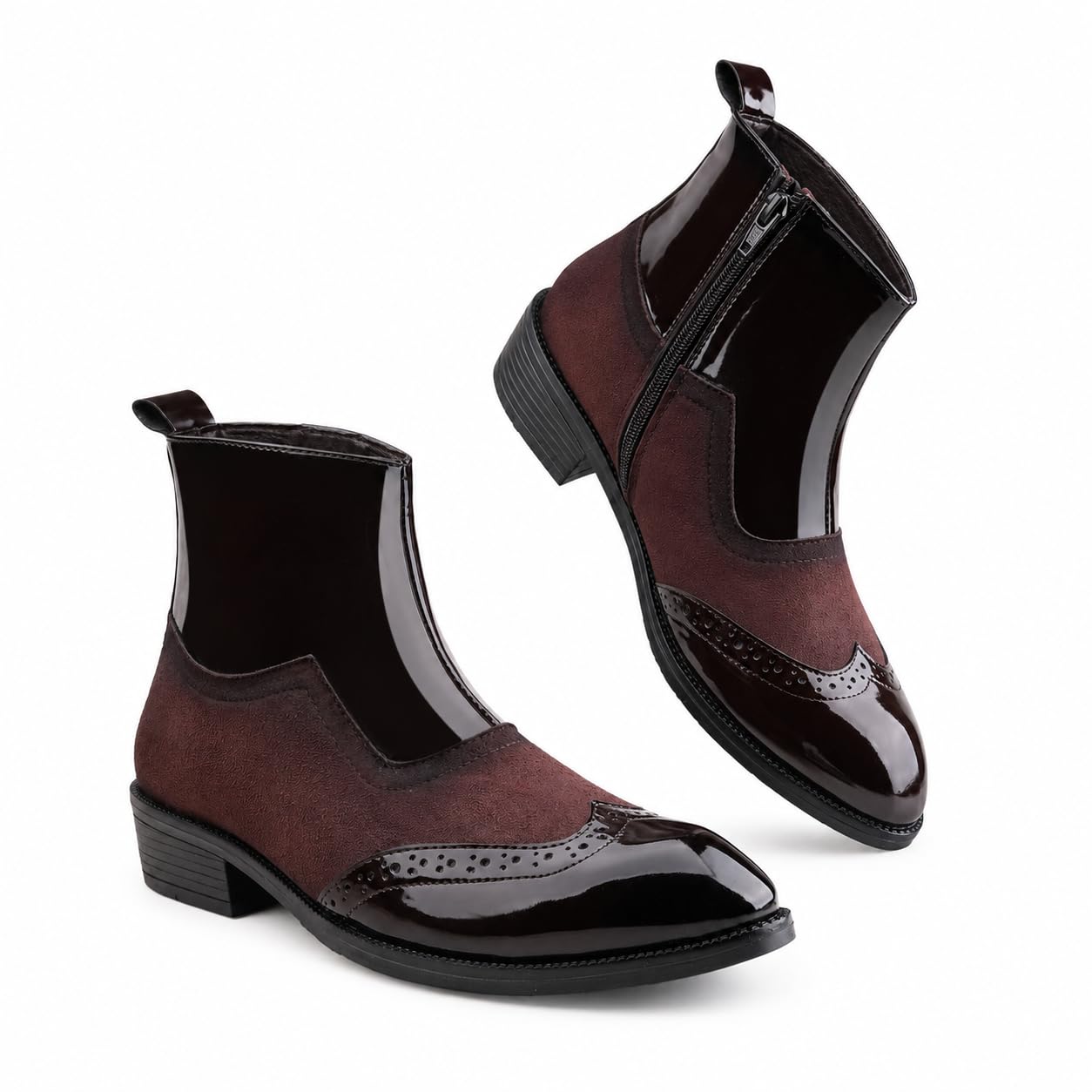 yuvrato baxi Men's Patent Leather & Suede Ankle Boots | Side Zip Dress Booties | Block Heel Brogue Chelsea Style Boots for Office, Party & Casual Wear.-picture-20