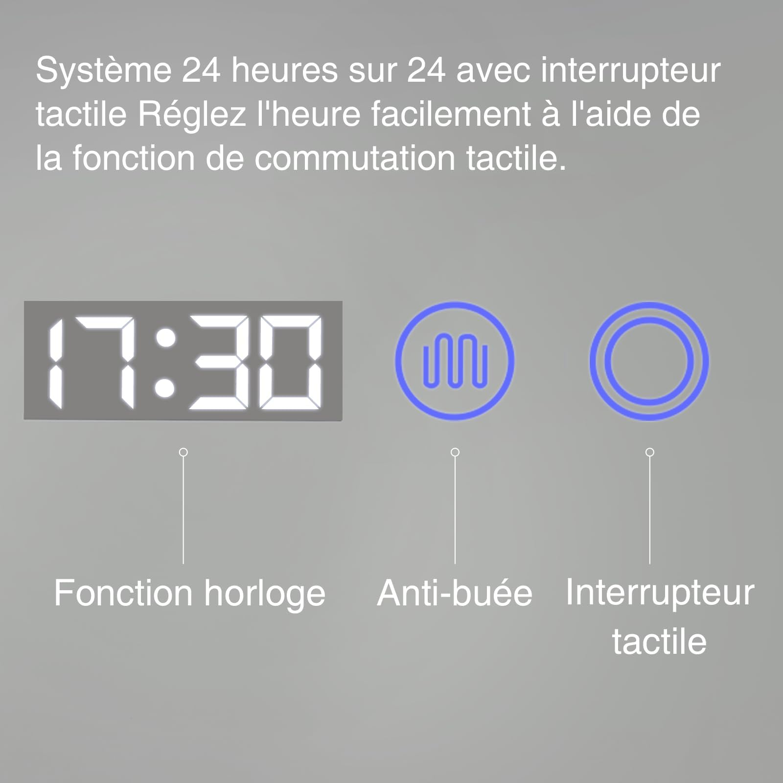 YOURLITE Miroir Salle de Bain LED 80x60 cm Dimmable 3 Couleurs Antibuée Affichage Horloge Température IP44 Blanc