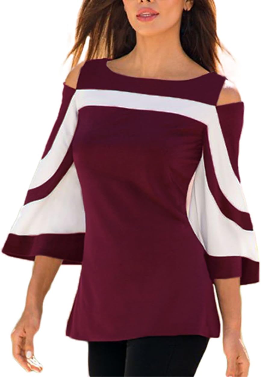 Women's Colorblock Bell Sleeve Cold Shoulder Top Fashion Blouses Burgundy LC250605-top-Burgundy-M