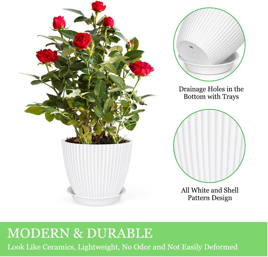 Plastic Plant Pots, 7/6/5.5/5/4.5/4 Inch Plastic Planters Flower Pots with Trays, Planters for Indoor Plants, All House Plants, Flowers with Trowel, Transplanter, Hand Rake and 10 Plant T-Type Tags : Patio, Lawn & Garden