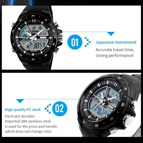 Fanmis Men's Analog Digital 50M Waterproof Sports Watch Military Multifunction Stopwatch Alarm Backlight Gold Watch (1_Black) #TOP2