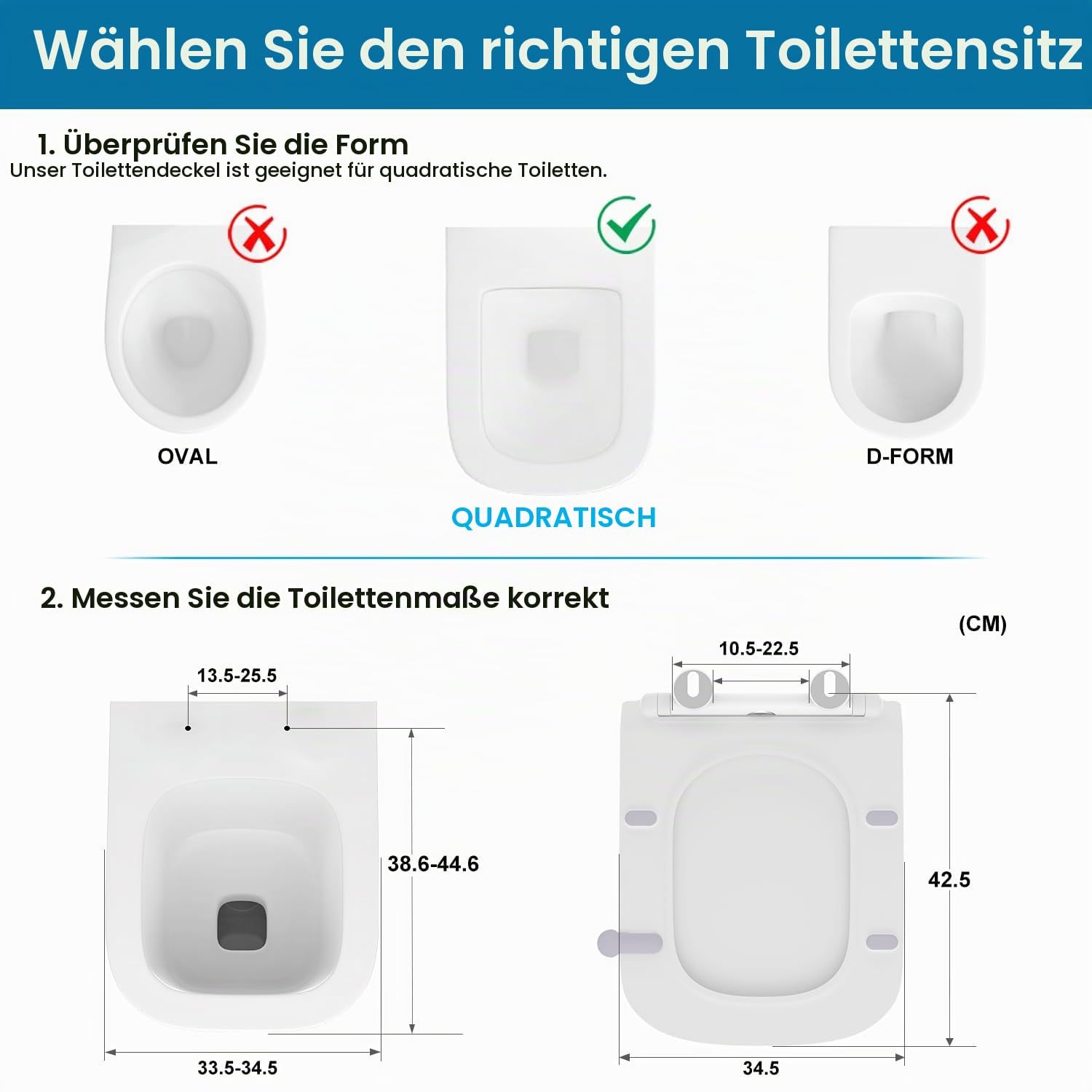 Klodeckel mit Absenkautomatik Eckig Form, Toilettendeckel Duroplast, WC-Sitz Einfache Montage und Reinigung, Klodeckel mit Quick-Release-Funktion, Klobrille Softclose, Toilettensitz Weiß