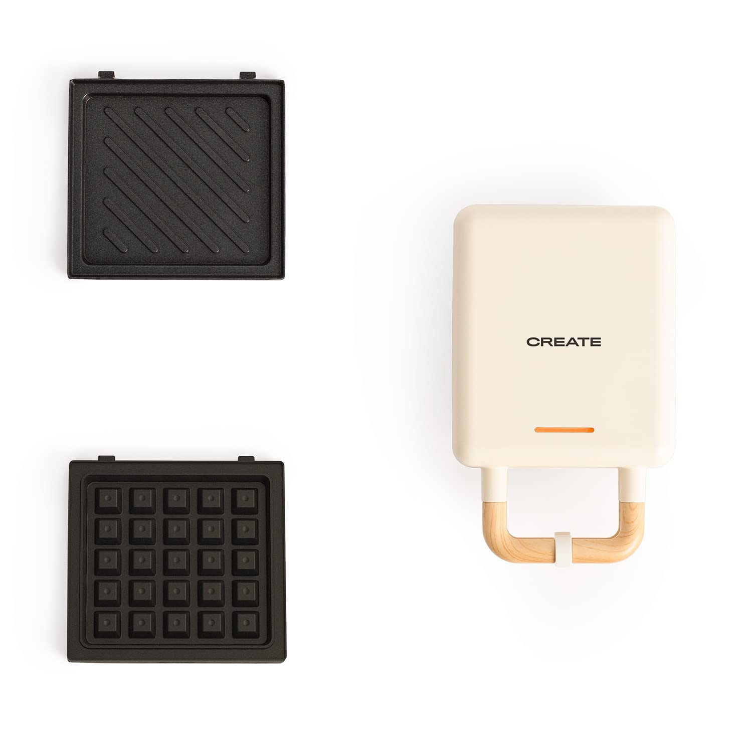 CREATE/​STONE STUDIO/​Sandwichera-​Grill y gofrera-​grill y gofrera individual blanco roto / 2 placas intercambiables: Sandwich y Gofre, antiadherente, 1 rebanada, apertura 100º, autoapagado, 600W