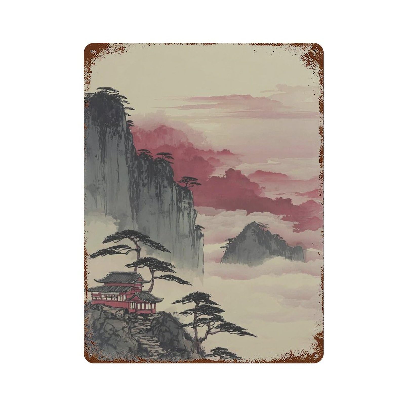 xiaoxiaoshen Japanese Mountain Temple Misty Landscape Traditional Ink Zen Interior Living Roo Wall Decor Art Metal Tin Poster Modern Home Decor Art Home Bar Shop Decorations Vintage Sign 40x30cm