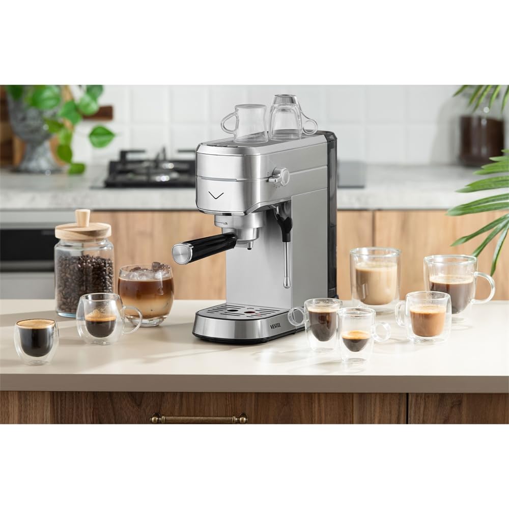Vestel SESM5040 X Manuelle Espressomaschine 15 Bar Edelstahl Milchaufschämer 1,2L Wassertank Silber