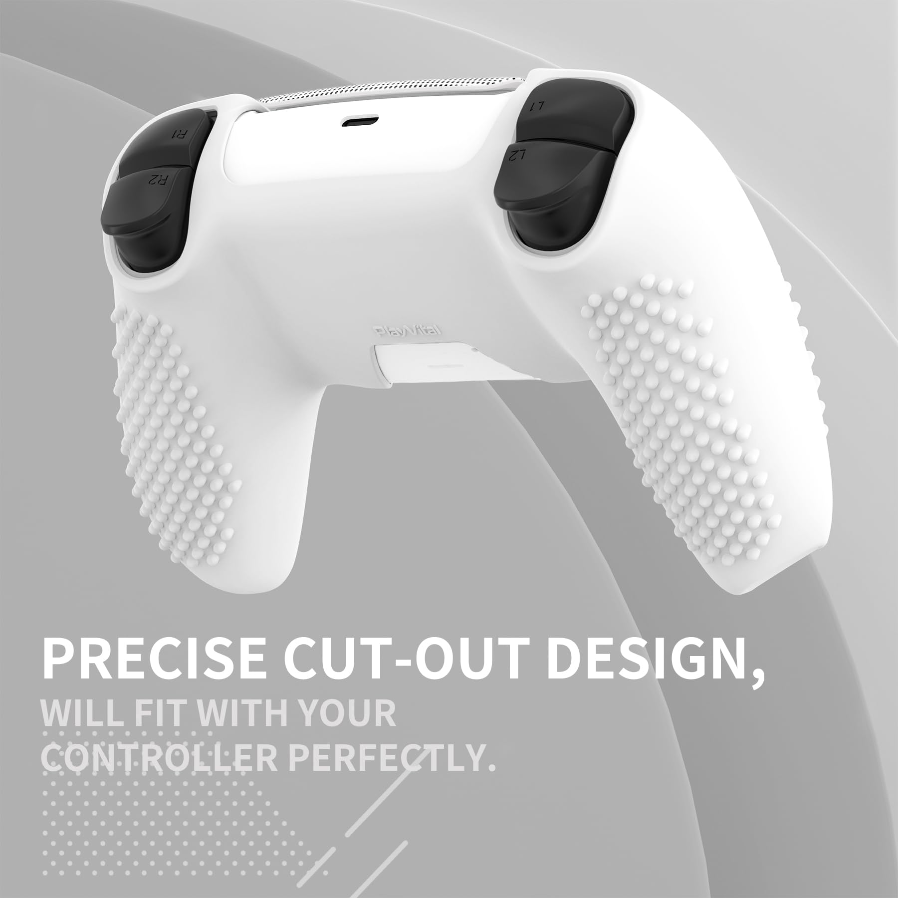 PlayVital 2 Piezas Funda de Silicona Actualizada para ps5 Mando - Carcasa Ergonómica con Tapas de Joysitck & Pegatinas, Cubierta Protectora Compatible con Base de Carga Oficial (3D Tachonado-Blanco)