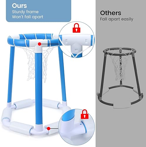 Miniatura 6 de Paquete de 2 aros de baloncesto para piscina, juego de aro de baloncesto junto a la piscina con 2 bolas y bomba, aros de baloncesto de agua,