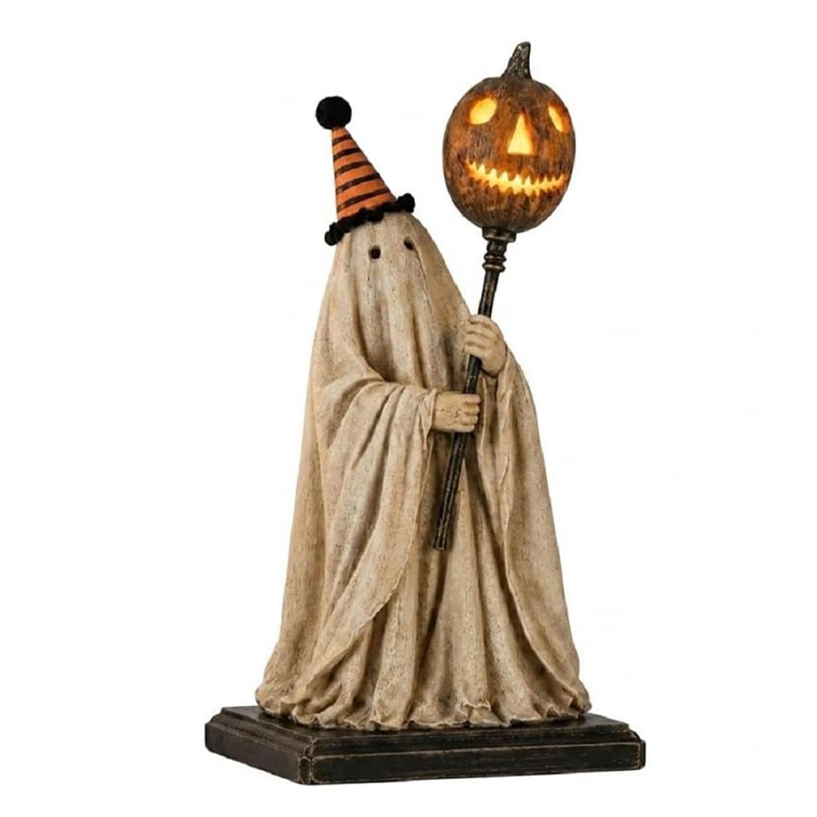 Spooky Ghost Statue with Glowing Pumpkin Staff Halloween Tabletop