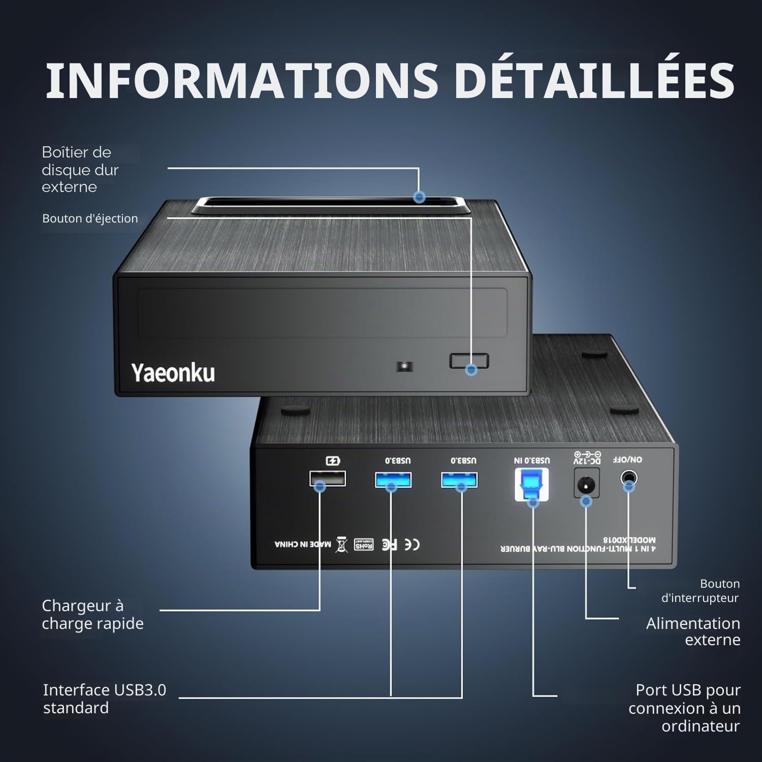 Yaeonku Lecteur Blu-ray externe 4 en 1, 16 x USB 3.0 et lecteur Blu-Ray externe de type C, chargeur rapide multifonctionnel, graveur CD/DVD de bureau, graveur CD/DVD avec boîtier de disque dur