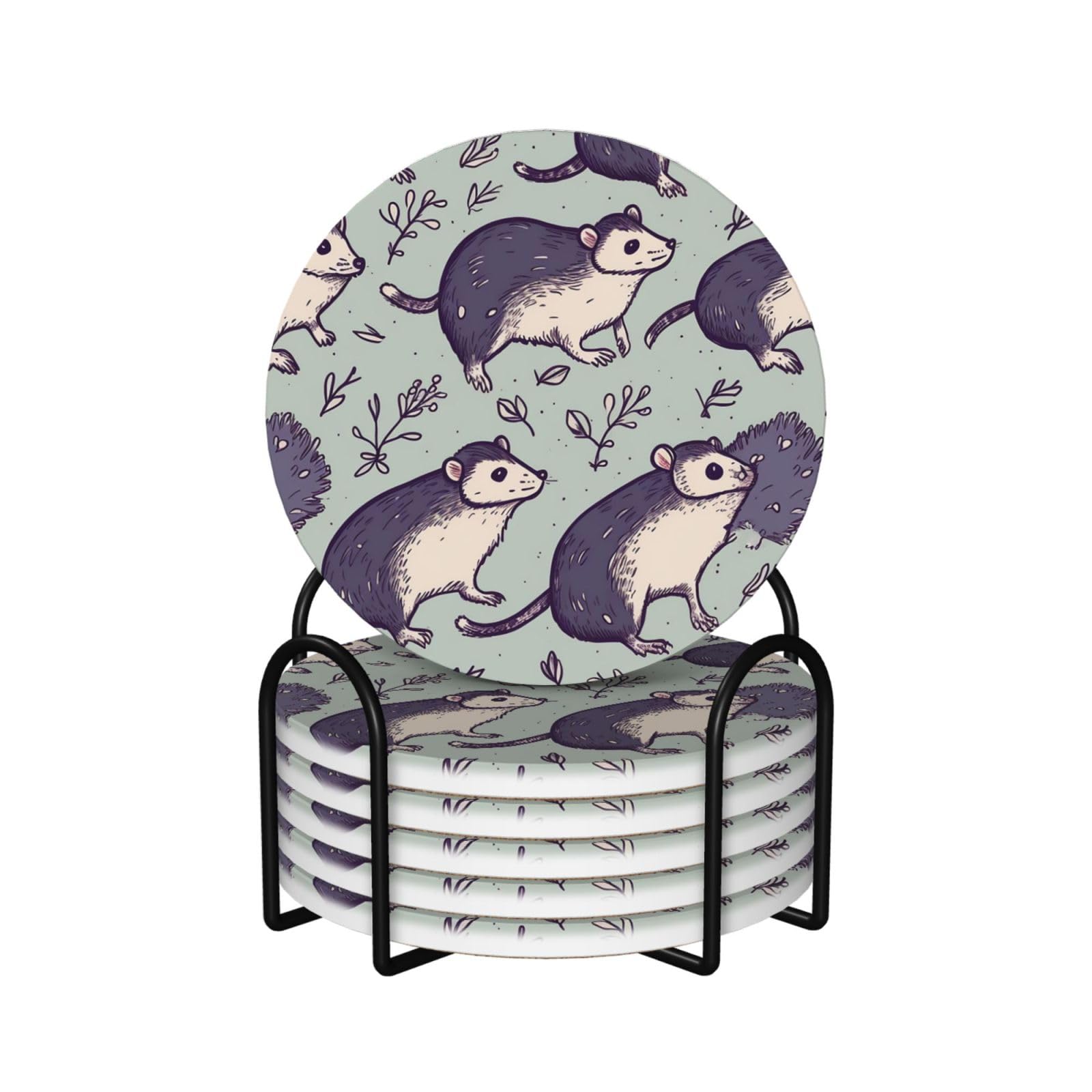 6Pcs Ceramics Coaster for Drinks, Opossum Cup Coasters with Holder, Aesthetic Drink Coasters for Coffee Table, Absorbent Round Coaster for Tabletop Protection 4" Cup Mat Pad