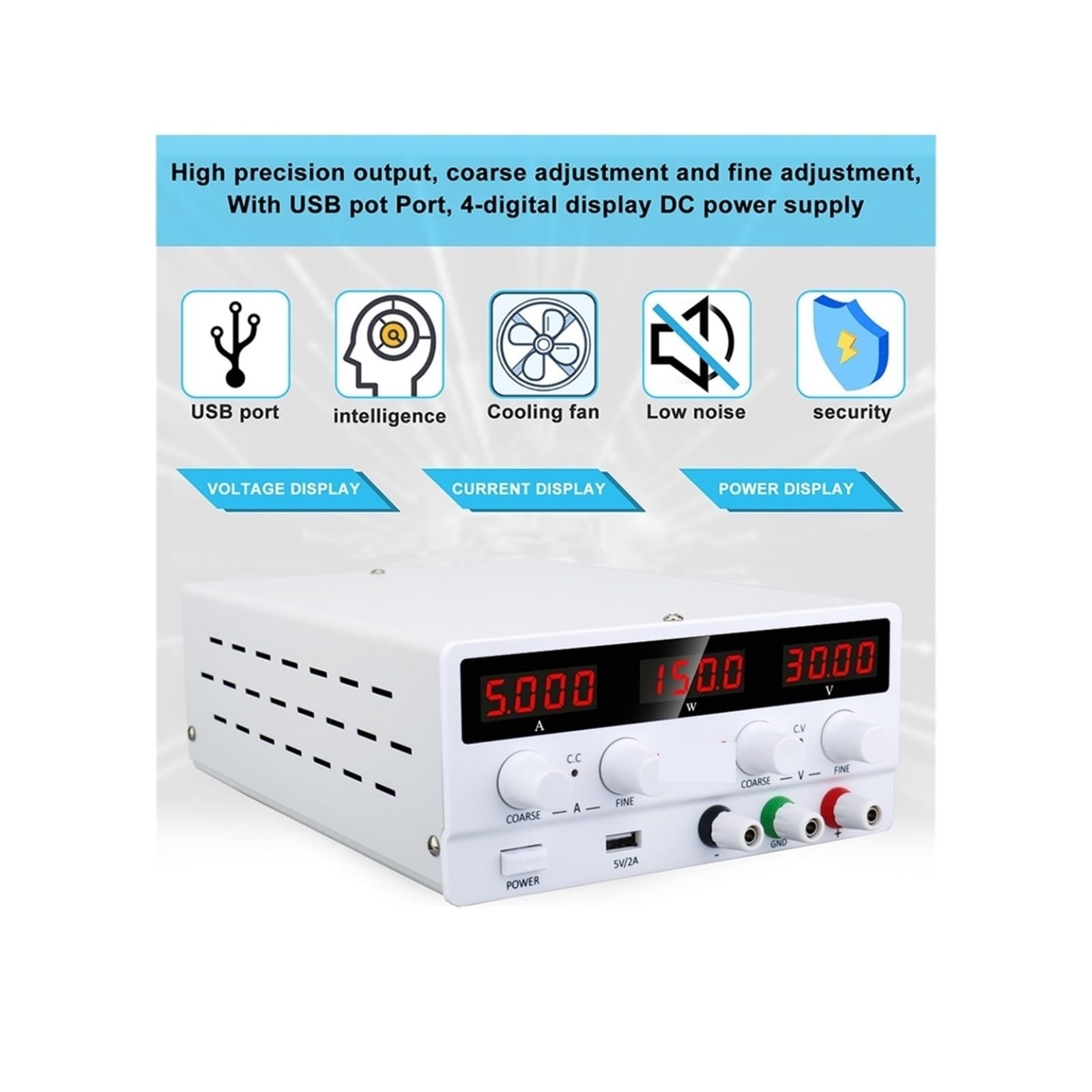 Fuente de alimentación de CC, Fuente De Alimentación CC Ajustable, Laboratorio 30V 10A, Estabilizador Y Regulador Voltaje 300W, Banco Conmutación 60V 5A(SPS-H3010-Black)