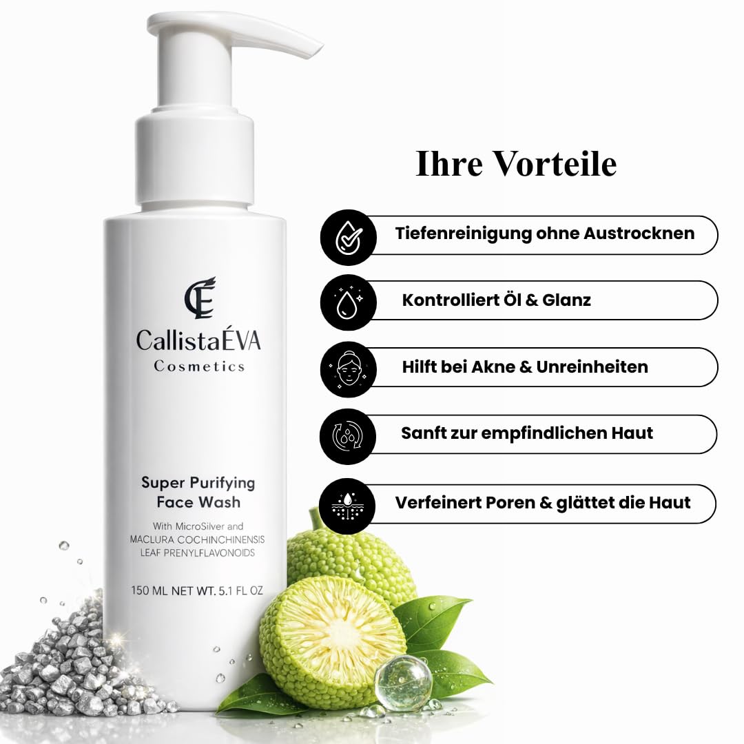 Sanftes Gesichtswaschgel mit MicroSilver & Maclura-Blattextrakt,Akne Blemish, Reinigt porentief, Akne,Unreinheiten, Kontrolliert Öl, Milchsäure AHA,für fettige, empfindliche & unreine Haut 150ml