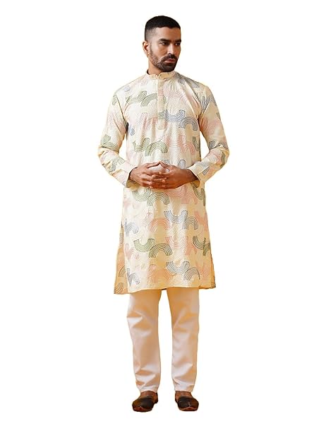 SOJANYA (Since 1958 Men's Cotton Silk Multi Thread Embroidered Kurta with White Pyjama