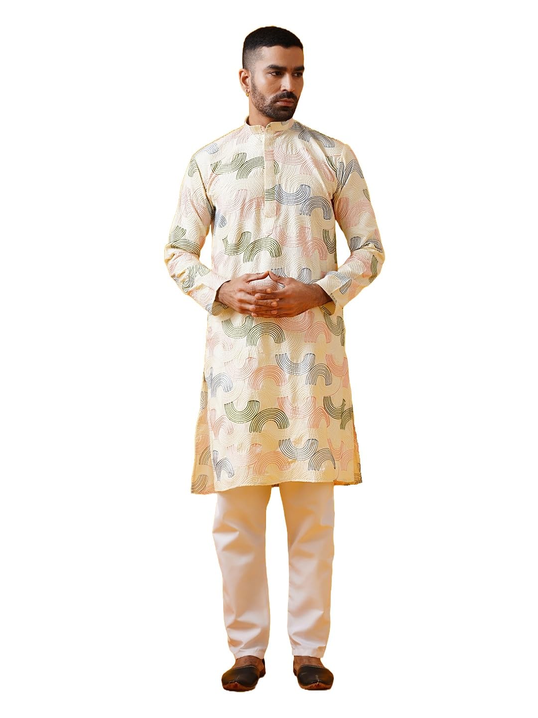 sojanya (Since 1958 Men's Cotton Silk Multi Thread Embroidered Kurta with White Pyjama-picture-28