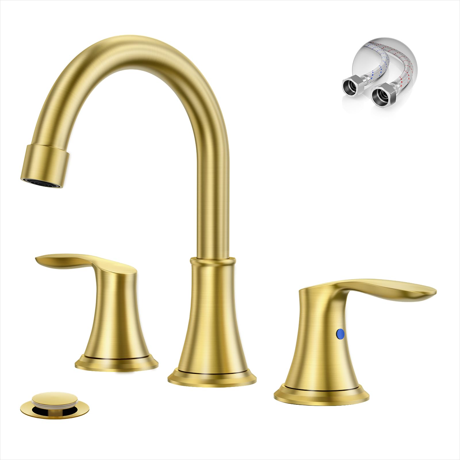 Phiestina Brushed Gold Widespread 8 Inch 3 Holes Bathroom Faucet，2 Handles Modern Bathroom Sink Faucet with Metal Pop-Up Drain & Water Supply Line, WFTY36-BG