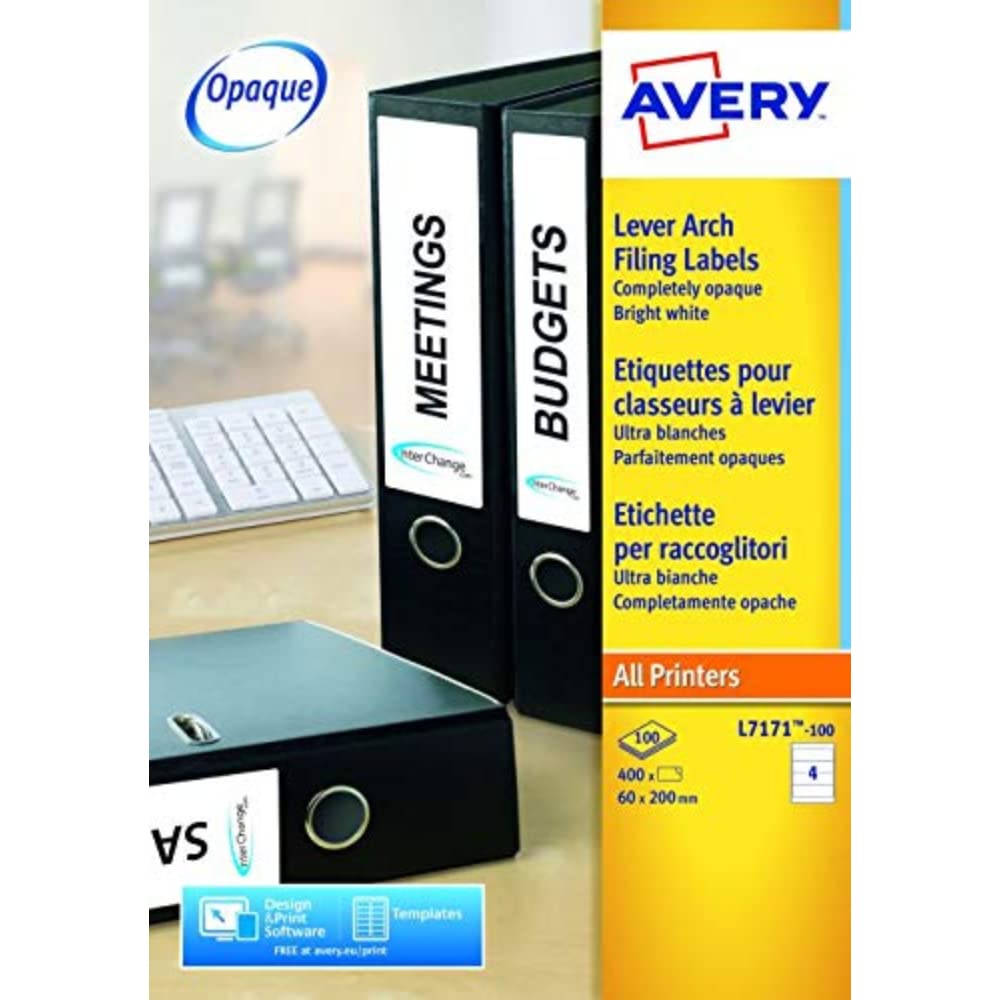 Avery Filing Labels L7171-10, 60 X 200 Mm 10 Sheets Of 4 Labels
