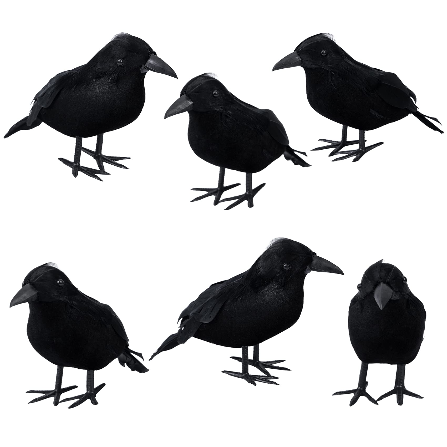 6 Pack Crows for Halloween Decorations Birds, Realistic Black Feathered Crows Fake Raven Decor(7.28 inch)