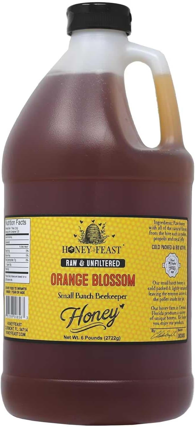 HONEY FEAST 6 Pounds Raw Orange Blossom Honey - All Natural, Unfiltered, Unheated, From Oranges, Perfect for Sweetening & Baking